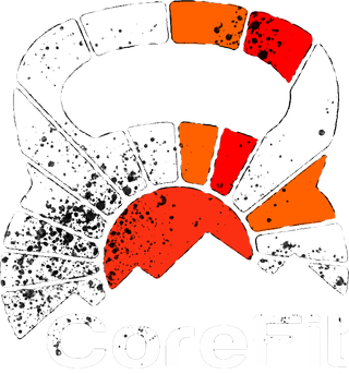 CoreFit kettlebell logo; the shape of a kettlebell with the sun at the center and rays emanating from the center to the edges of the kettlebell shape. The bottom of the kettlebell is cut out in the shape of a mountain range with the CoreFit name just below.